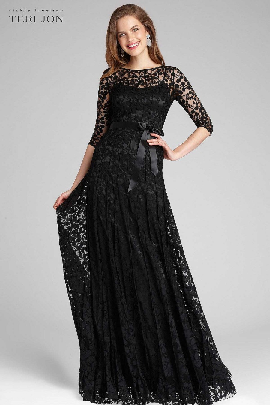 Clothing Teri Jon | 3/4 Sleeve Lace Illusion Gown With Bow