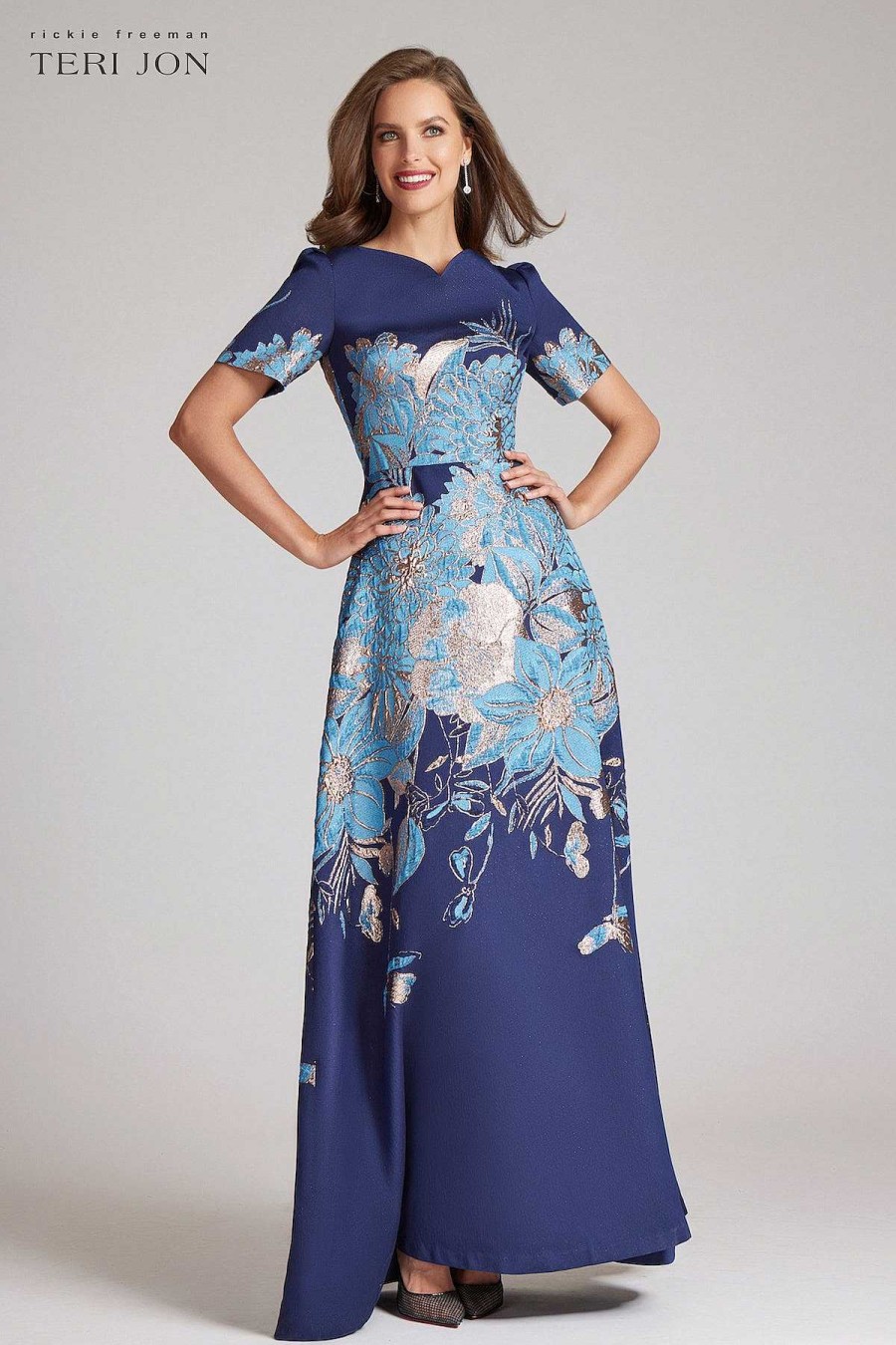 Clothing Teri Jon | Metallic Jacquard Fit N Flare Gown Navy Multi