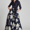 Clothing Teri Jon | Shirt Waist Jacquard Gown With Large Floral Print Skirt Navy Multi