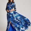 Clothing Teri Jon | Organza Floral Printed Shirt Gown Blue Multi