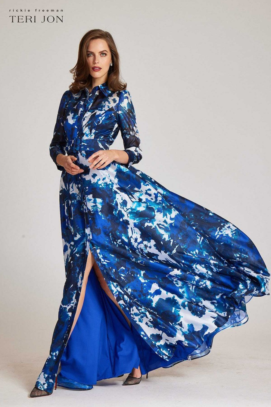 Clothing Teri Jon | Organza Floral Printed Shirt Gown Blue Multi