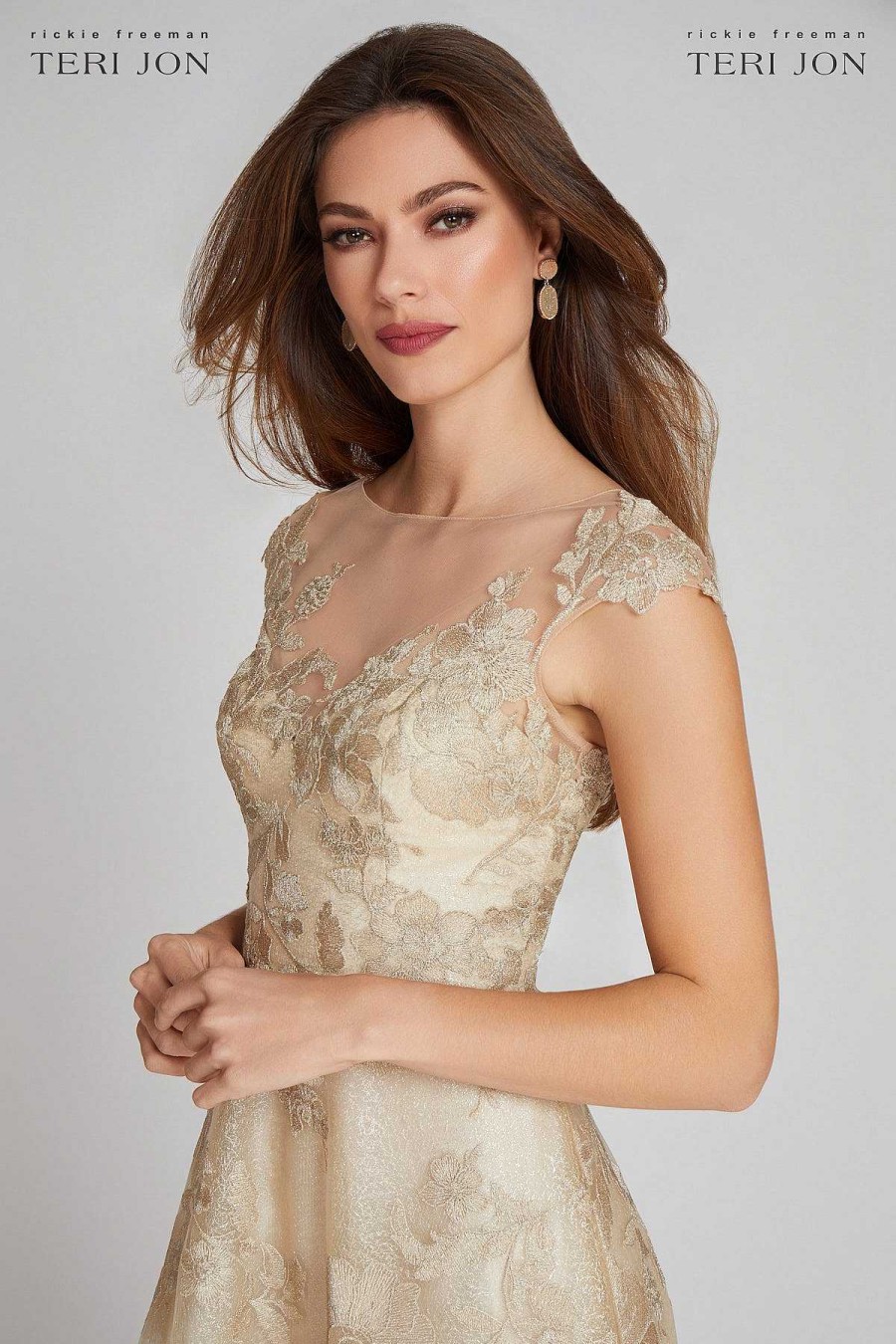 Clothing Teri Jon | Cap Sleeve Tulle Appliqued Lace Fit N Flare Dress Gold