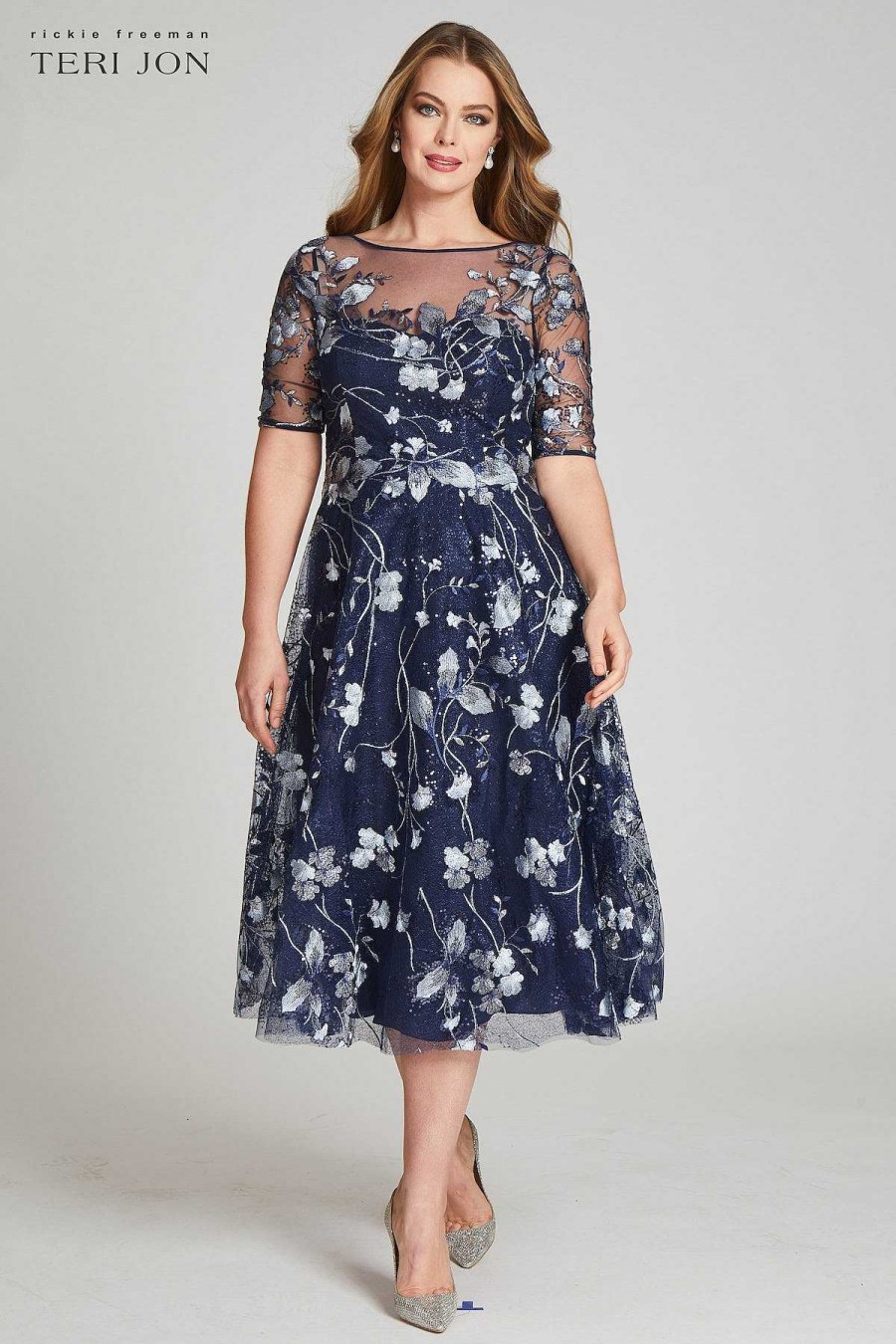 Clothing Teri Jon | Tea Length Embroidered Tulle Cocktail Dress Navy Multi