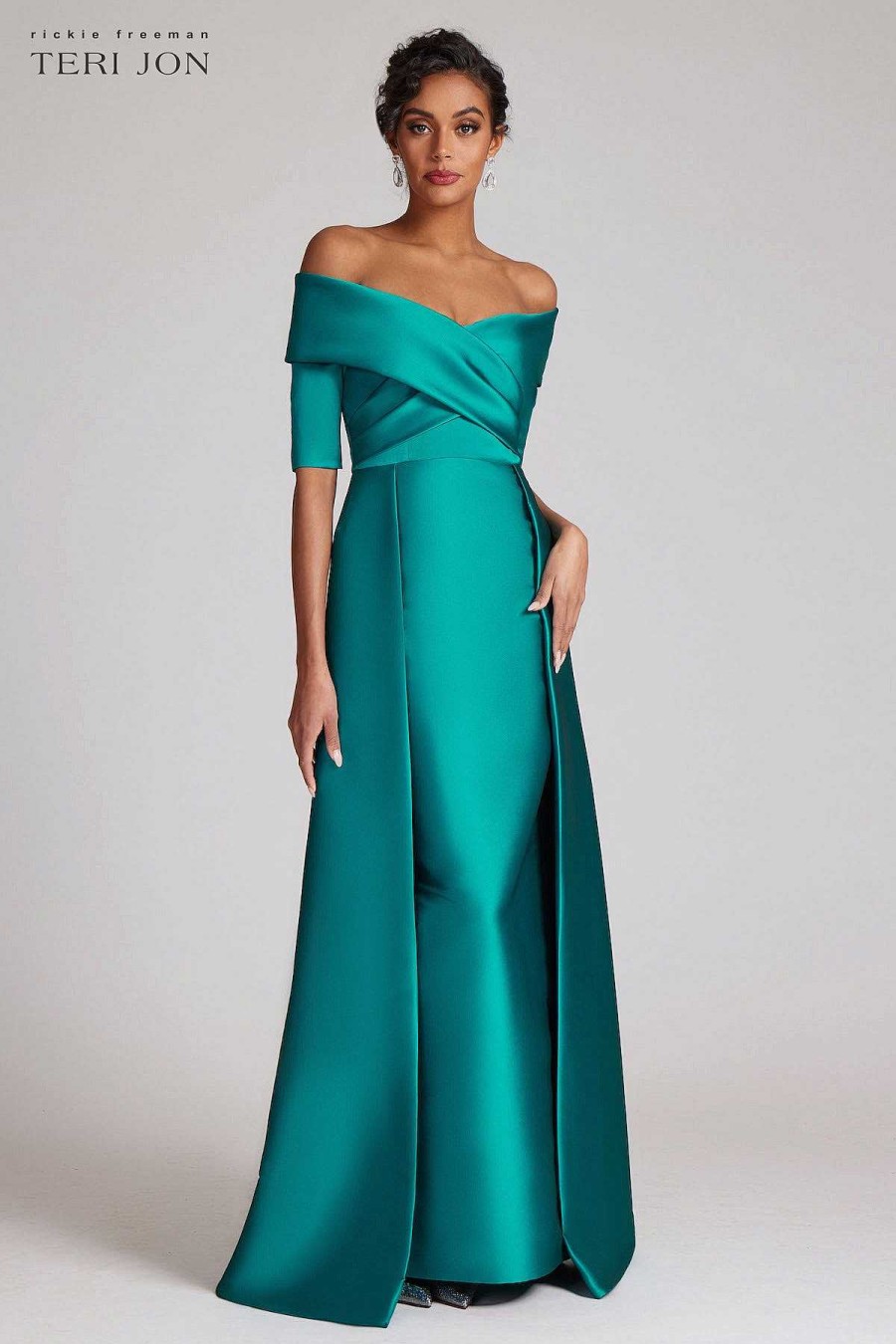 Clothing Teri Jon | Off Shoulder 3/4 Sleeve Gazar Gown Turquoise