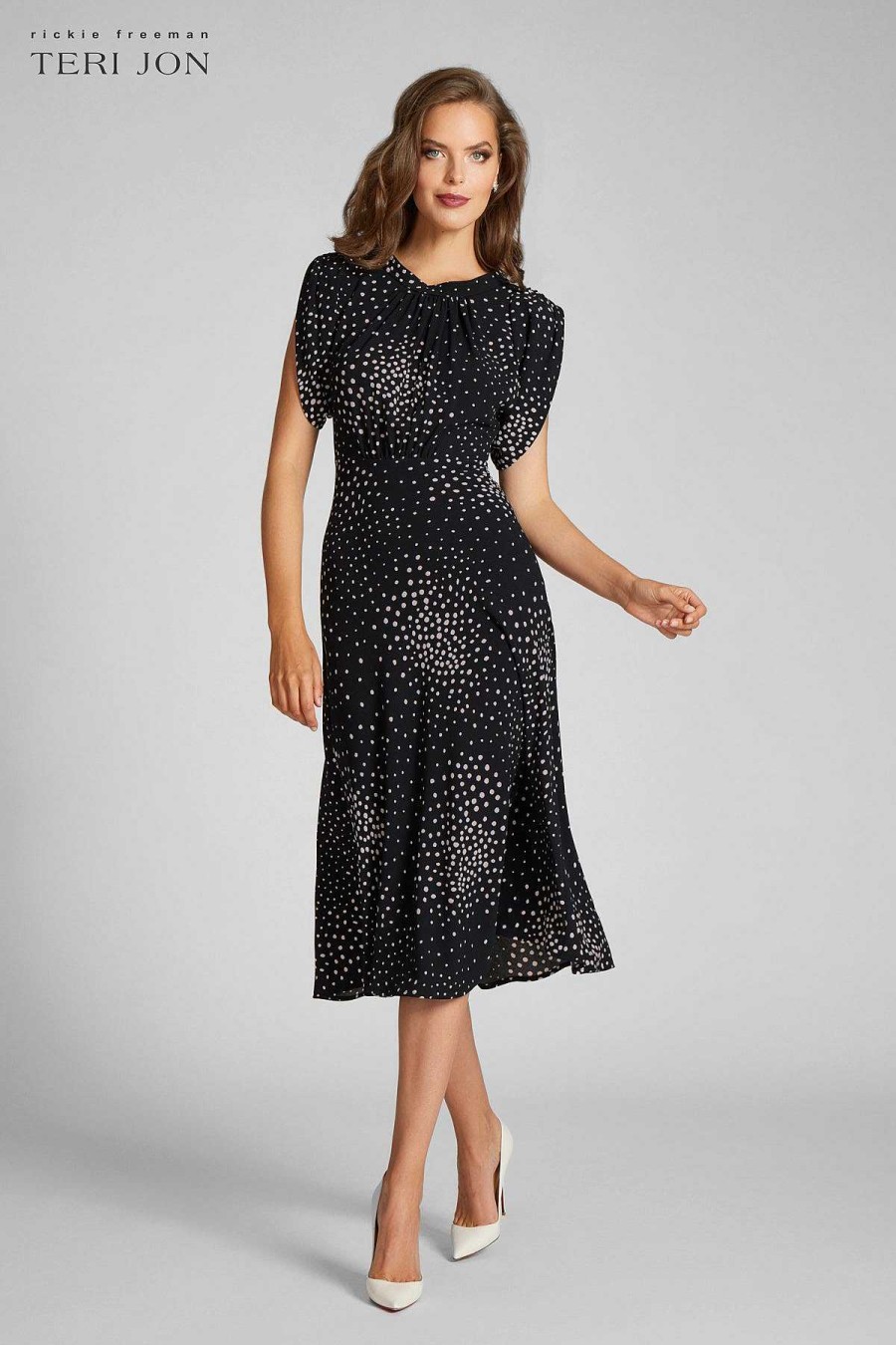 Clothing Teri Jon | Crepe Polka Tea Length Dress Black