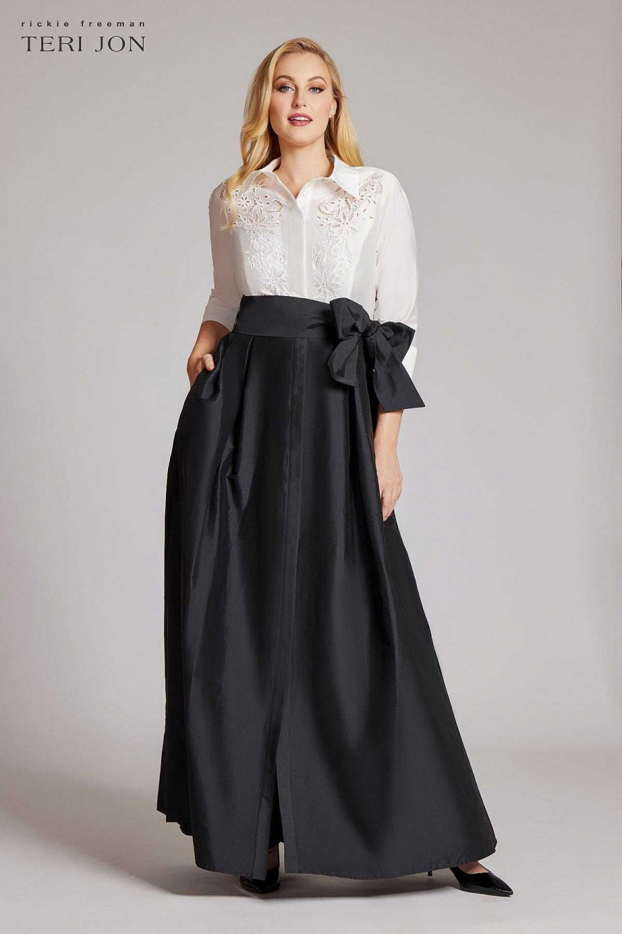 Clothing Teri Jon | Taffeta Eyelet Top Shirt Gown White Black