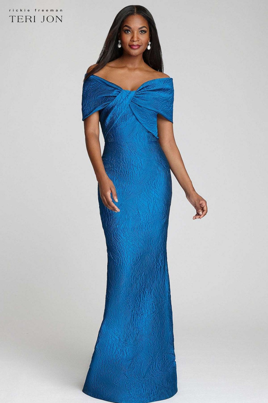 Clothing Teri Jon | Off Shoulder Bow Bodice Jacquard Mermaid Gown