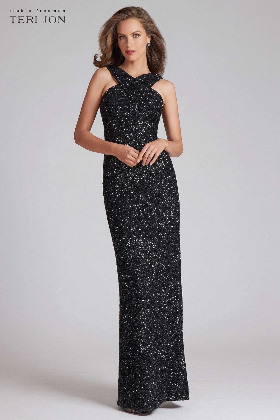 Clothing Teri Jon | Sequin Criss Cross Halter Gown Black