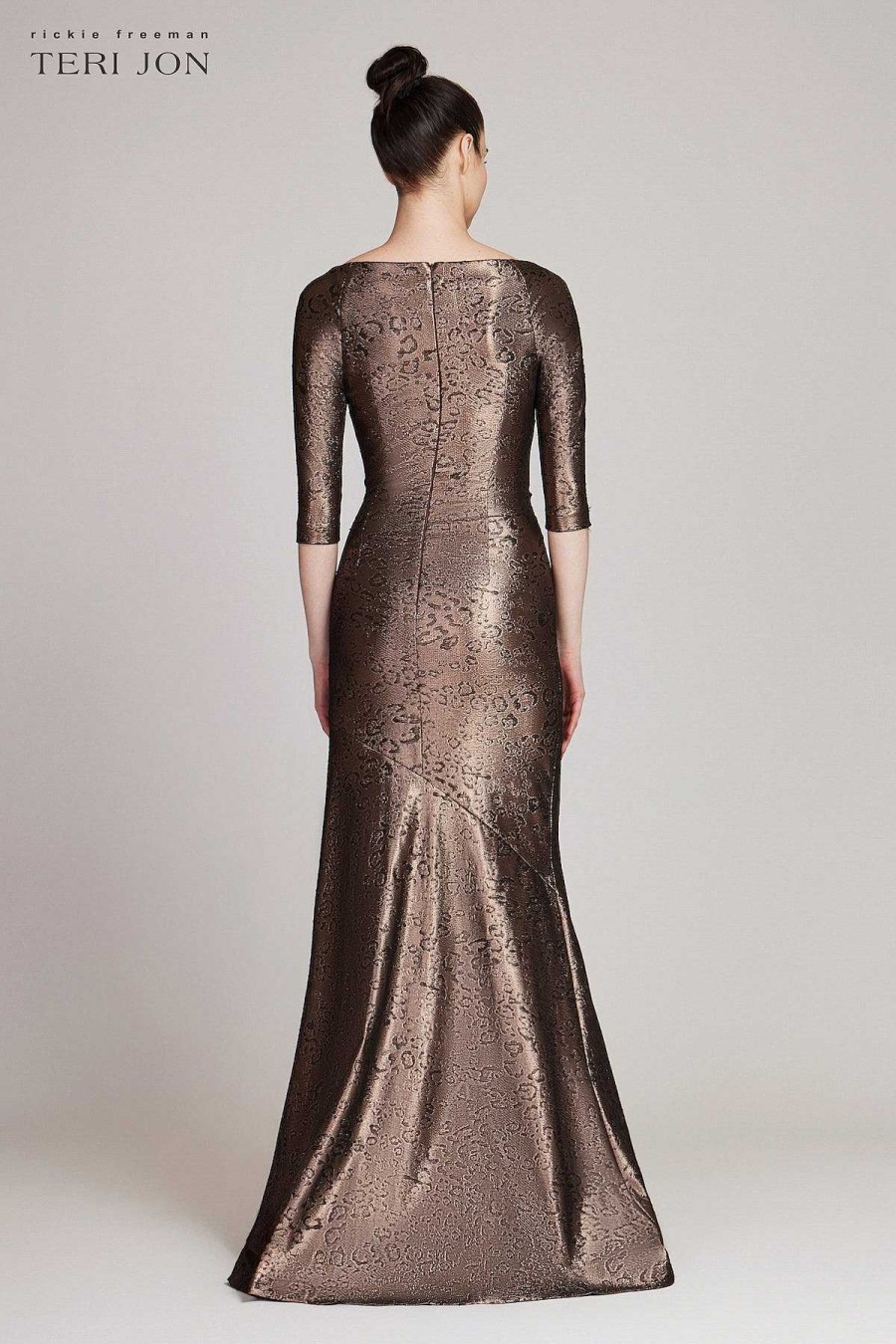 Clothing Teri Jon | Metallic Animal Pattern Side Drape Gown Bronze