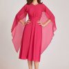 Clothing Teri Jon | Chiffon Cascade Cape Rouched Waist A Line Dress Hot Pink