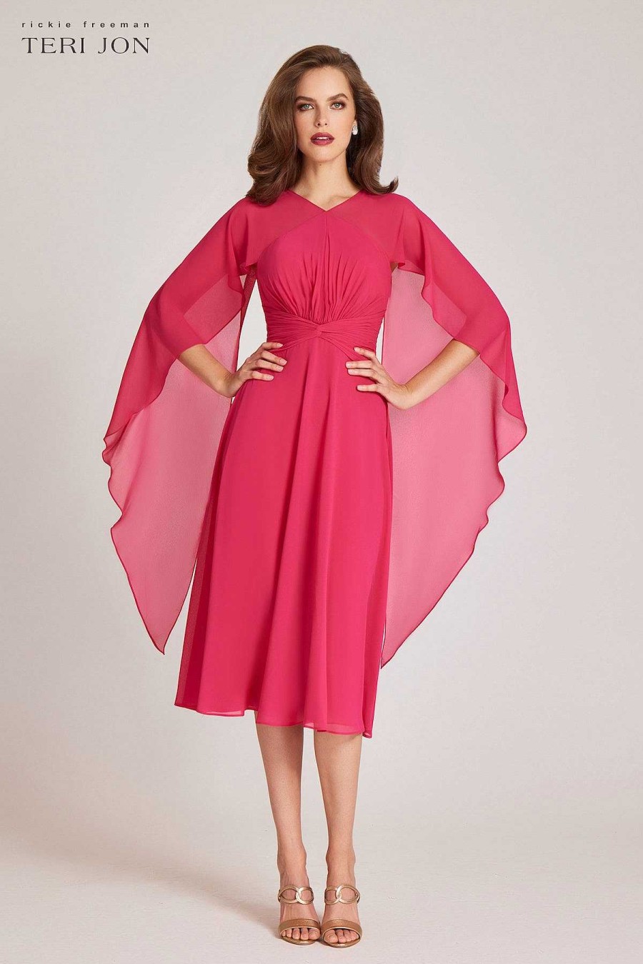 Clothing Teri Jon | Chiffon Cascade Cape Rouched Waist A Line Dress Hot Pink