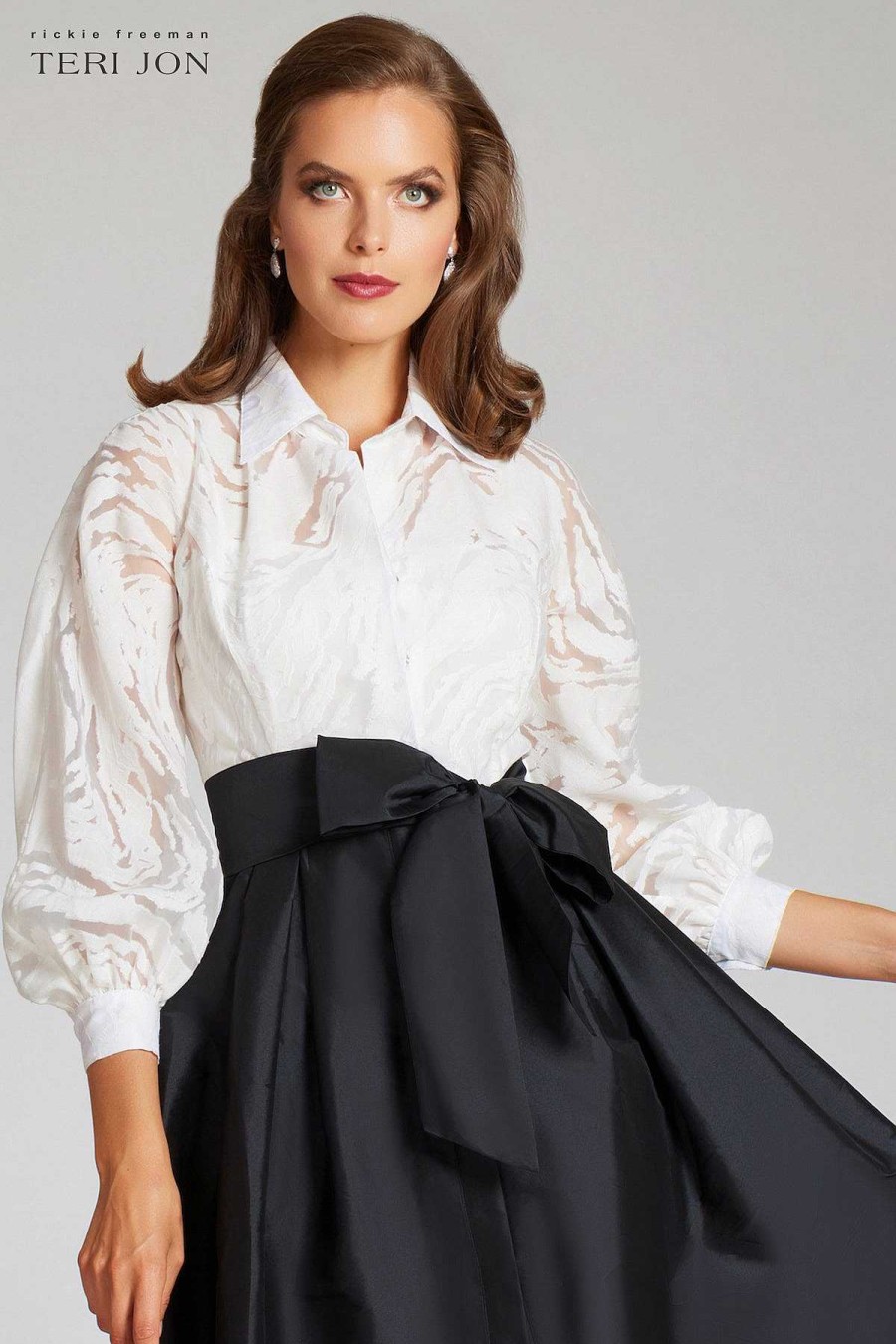 Clothing Teri Jon | Organza Burnout Top With Taffeta Skirt White Black