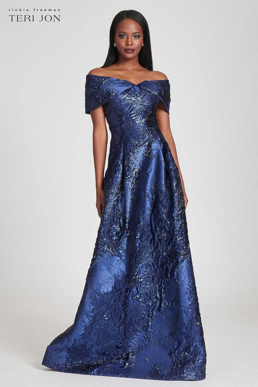 Clothing Teri Jon | Off Shoulder Textured Jacquard Gown