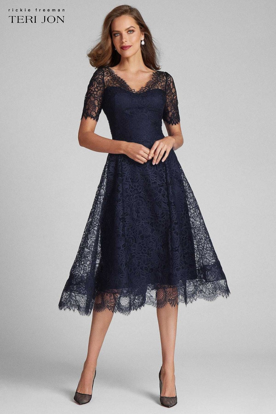 Clothing Teri Jon | Lace V Neck Flare Dress