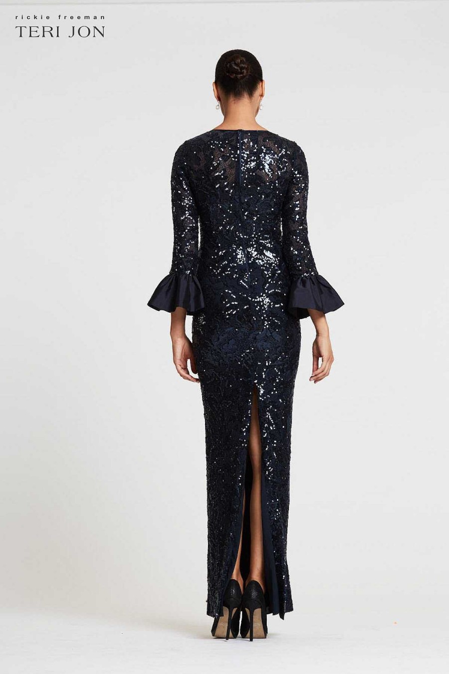 Clothing Teri Jon | Long Bell Sleeve Sequin Sheath Gown